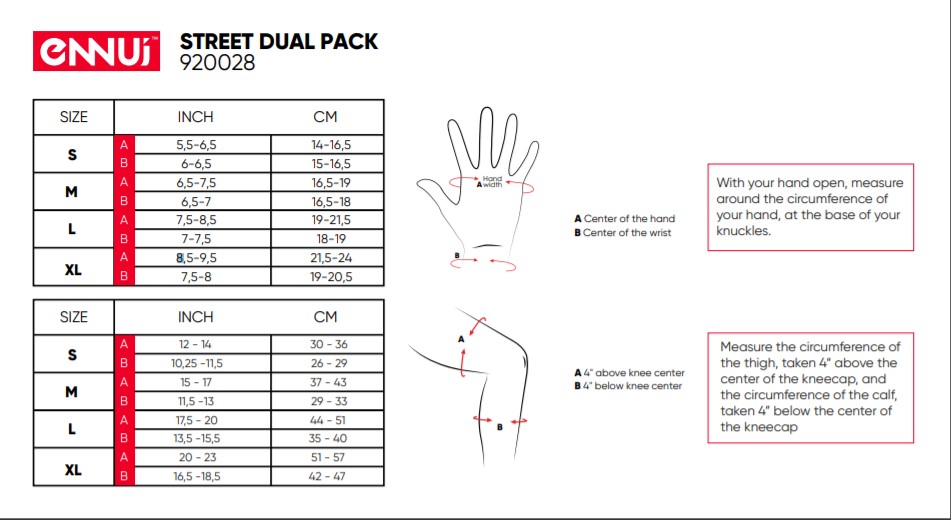 Street Dual Pack Sizing chart